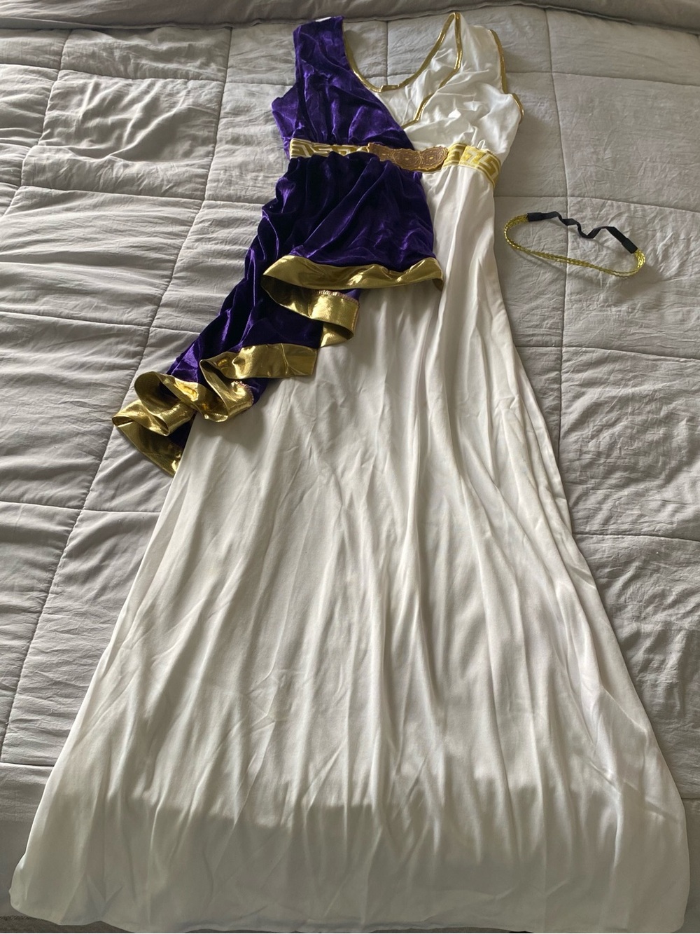 White One-Shoulder Maxi Dress with Purple and Gold Trim